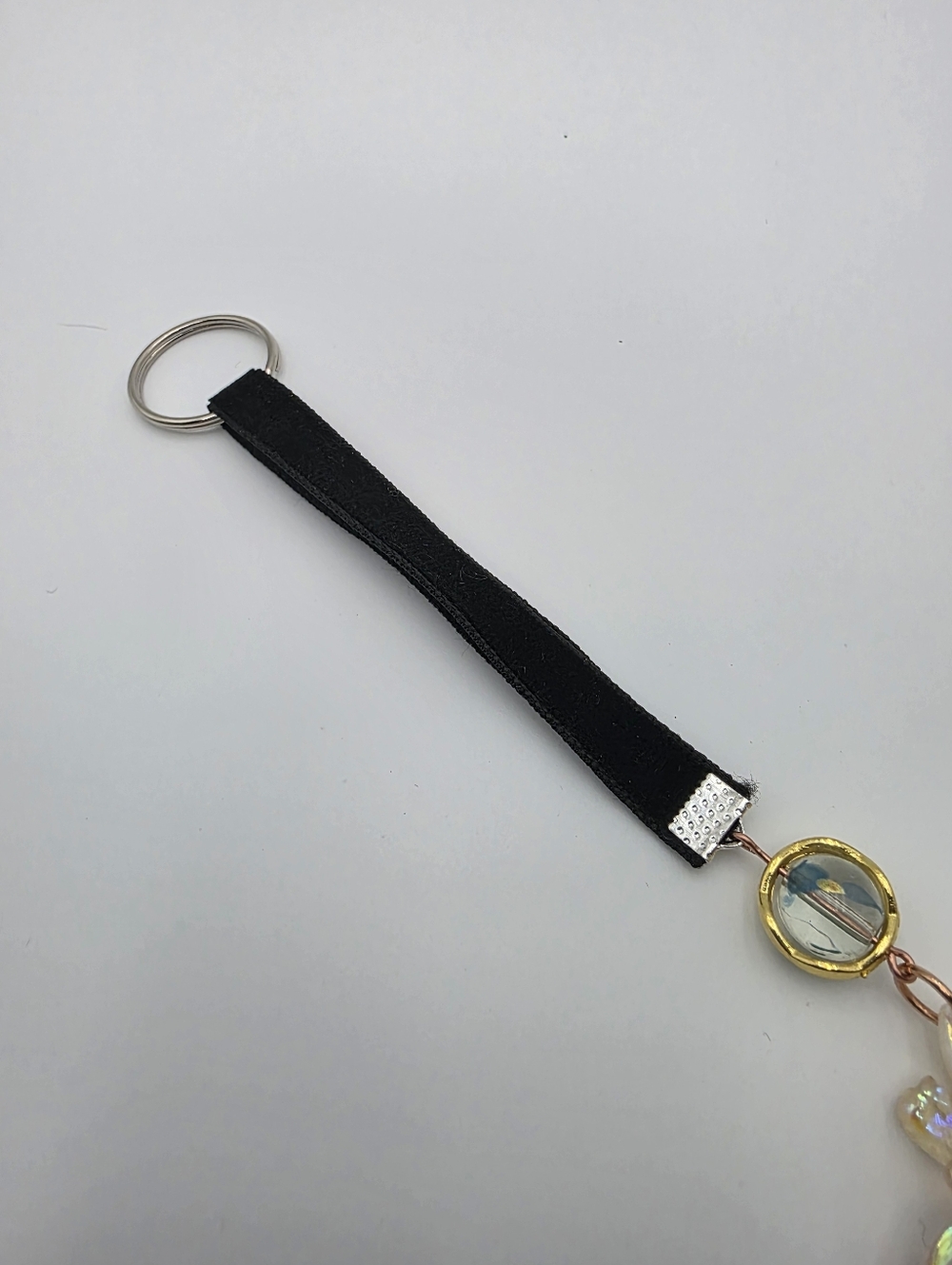 Iridescent Yellow Flower Keychain – Black Velvet Strap Bag Charm - Picture 5 of 5
